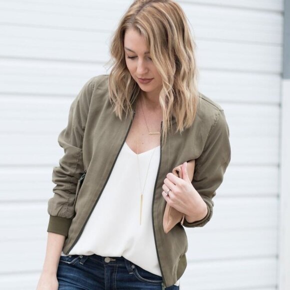 Be Cool Women's Lightweight Bomber Jacket Zip Up Olive Green Normcore Sz S - Picture 2 of 8